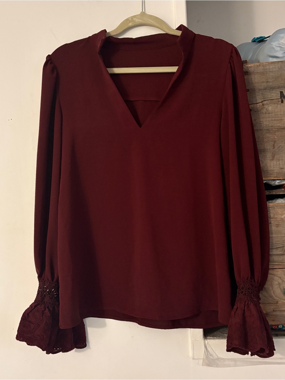 Women's Burgundy V-Neck Blouse with Lace Cuff